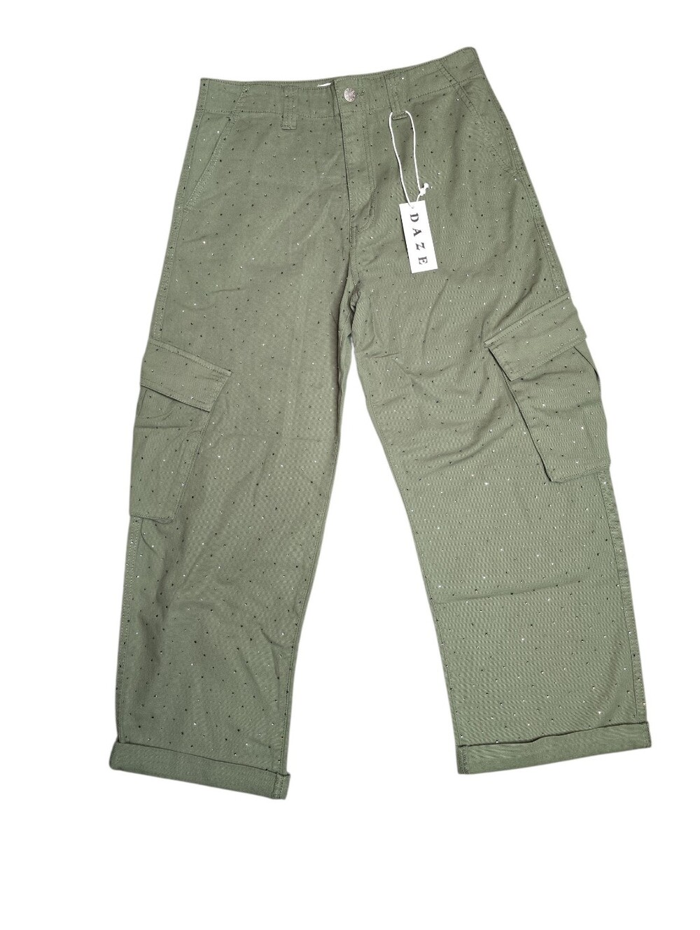 NWT DAZE The Squad Curved Leg Cargo Pants Bronze Green Embellished Size 28